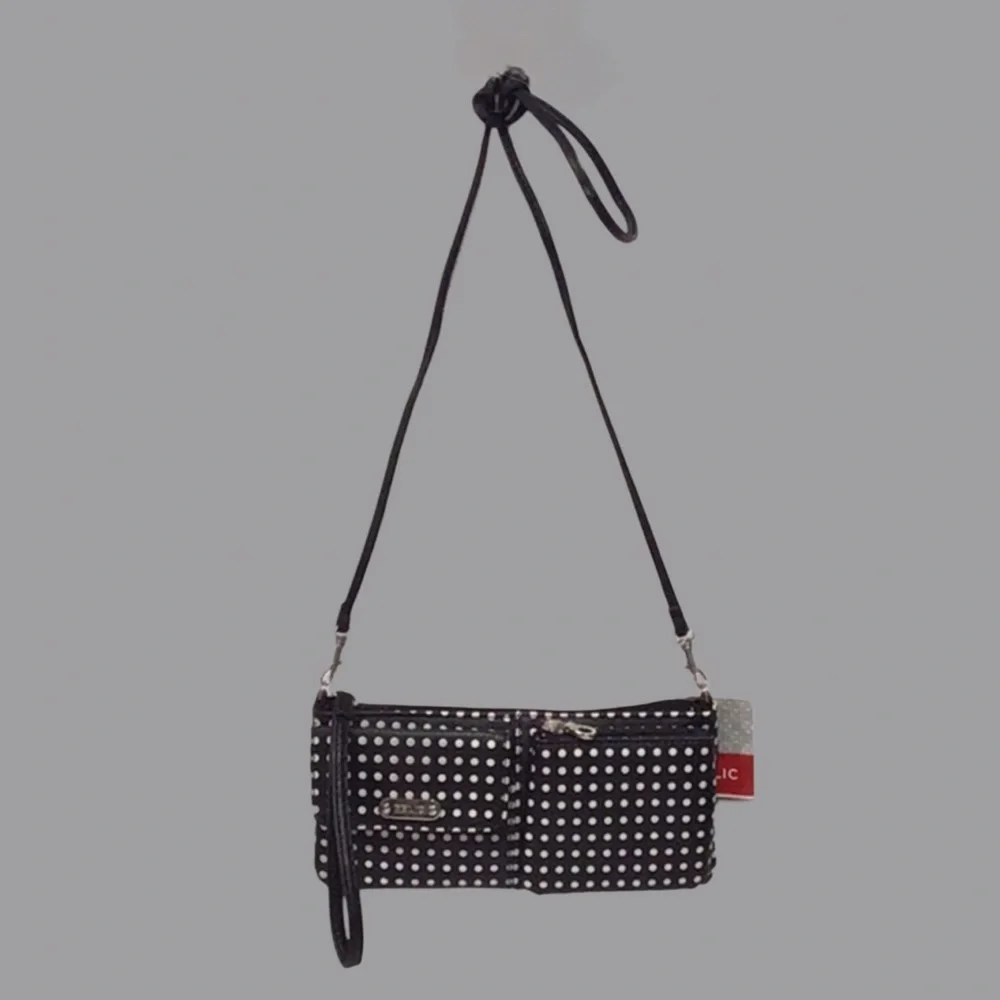 NEW RELIC by Fossil Evie Wristlet Crossbody Clutch Black and White Polka Dots - Picture 3 of 10